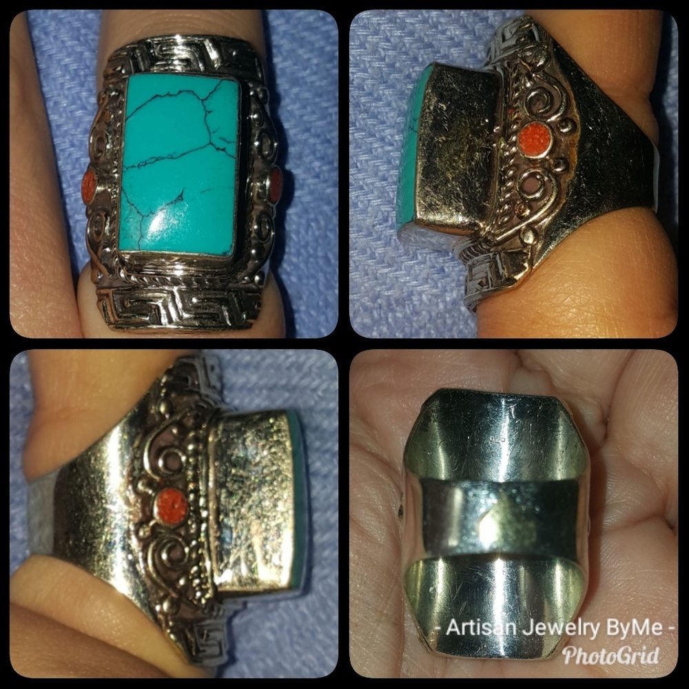 NepalTibetLgTurquoise SeaCoral Raised Setting Ring
